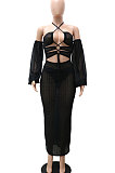Blue Sexy Mesh Pure Color Mid Waist Long Sleeve Halter Neck Long Dress YF9107-4