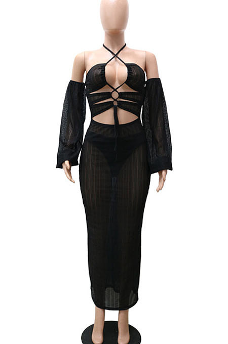 Blue Sexy Mesh Pure Color Mid Waist Long Sleeve Halter Neck Long Dress YF9107-4