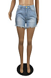 Light Blue High Waist Hole Water Washiong Wide Leg Casual Jean Shorts E8606