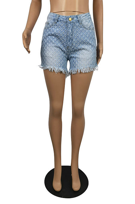 Light Blue High Waist Hole Water Washiong Wide Leg Casual Jean Shorts E8606