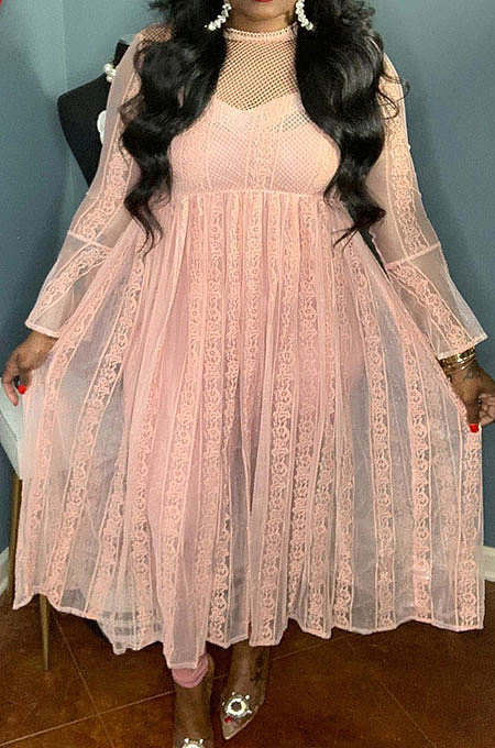 White Pure Color Lace Mesh Spaghetti High Waist Long Sleeve Midi Dress YF9127-1