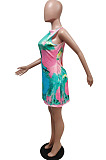 Lake Blue Positioning Print Cute Round Neck Sleeveless Loose Dress F88374-6