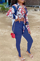 Royal Blue Summer Print Lapel Neck Short Sleeve Shirt Slit Long Pants Two Piece YMT6217-3