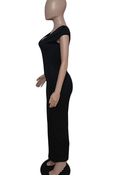 Yellow Women Sexy Pure Color V Neck Back Zipper Split Long Dress XT8897-2