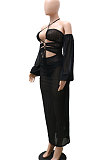 Blue Sexy Mesh Pure Color Mid Waist Long Sleeve Halter Neck Long Dress YF9107-4