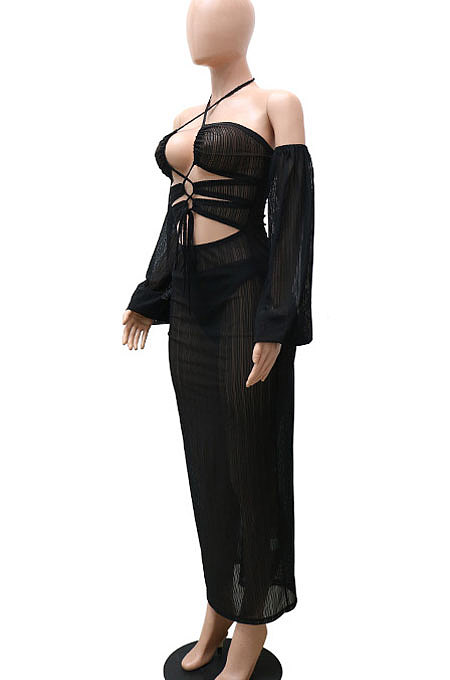 Blue Sexy Mesh Pure Color Mid Waist Long Sleeve Halter Neck Long Dress YF9107-4