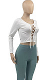 Cyan Autumn Winter Women  Screw Thread Pure Color Long Sleeve T Shirts AD0702-4