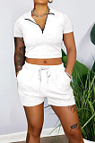 Dark Green Pure Color Turn-Down Collar Zipper Short Sleeve Crop Top Shorts Two Piece YX9285-7