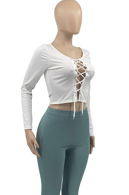 White Autumn Winter Women  Screw Thread Pure Color Long Sleeve T Shirts AD0702-1