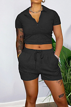 Black Pure Color Turn-Down Collar Zipper Short Sleeve Crop Top Shorts Two Piece YX9285-2