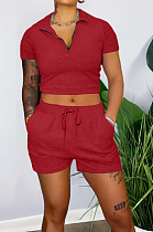 Red Pure Color Turn-Down Collar Zipper Short Sleeve Crop Top Shorts Two Piece YX9285-4
