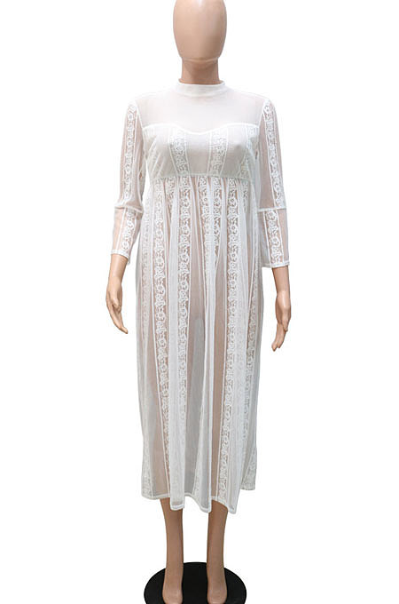 Pink Pure Color Lace Mesh Spaghetti High Waist Long Sleeve Midi Dress YF9127-2