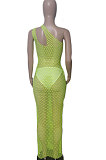 Pink Hollow Out Sexy Mesh One Shoulder Long Dress Sets With Underwear XT8898-2