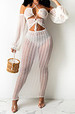 Black Sexy Mesh Pure Color Mid Waist Long Sleeve Halter Neck Long Dress YF9107-1