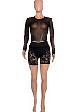 Black Women Sexy Lace Casual Shorts Mesh Top Two-Pieces Q908-2