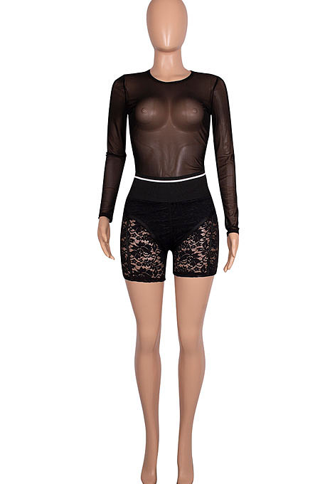 Black Women Sexy Lace Casual Shorts Mesh Top Two-Pieces Q908-2