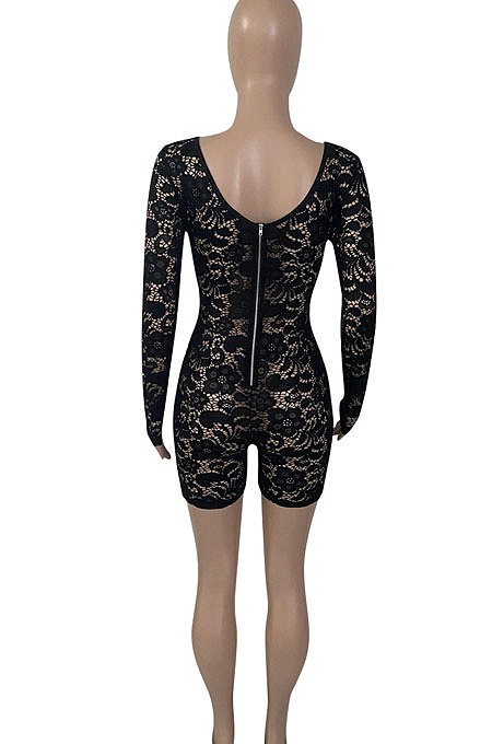 Apricot Club Sexy Hollow Out Lace Long Sleeve Deep V Neck Mid Waist Romper Shorts Q915-2