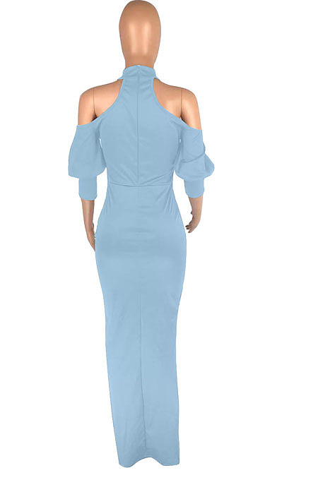 Black Night Club High Collar Off Shoulder Puff Sleeve Side Slit Dress LMM6203-3