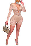 Black Club Sexy Hollow Out Lace Long Sleeve Deep V Neck Mid Waist Romper Shorts Q915-1