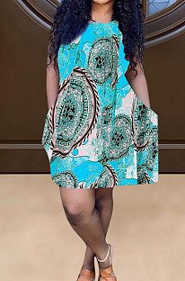 Lake Blue Positioning Print Cute Round Neck Sleeveless Loose Dress F88374-6