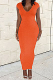 Orange Women Sexy Pure Color V Neck Back Zipper Split Long Dress XT8897-1
