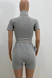 Dark Green Pure Color Turn-Down Collar Zipper Short Sleeve Crop Top Shorts Two Piece YX9285-7
