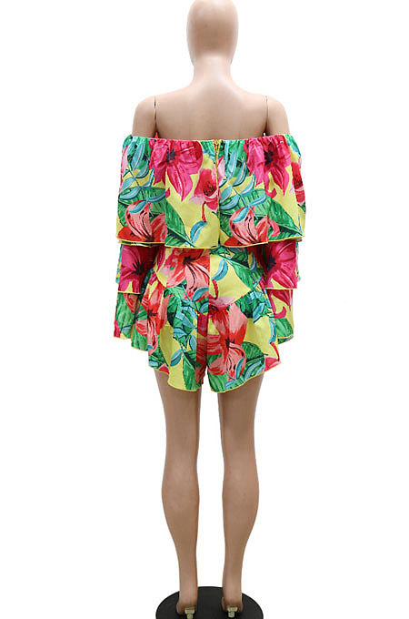 Yellow Ruffle Strapless Off Shoulder Mid Waist Romper Shorts YF9143-1