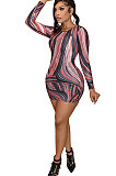 Orange Yellow Euramerican Women Autumn Wave Printing Tight Sexy Long Sleeve Mini Dress Q927-3