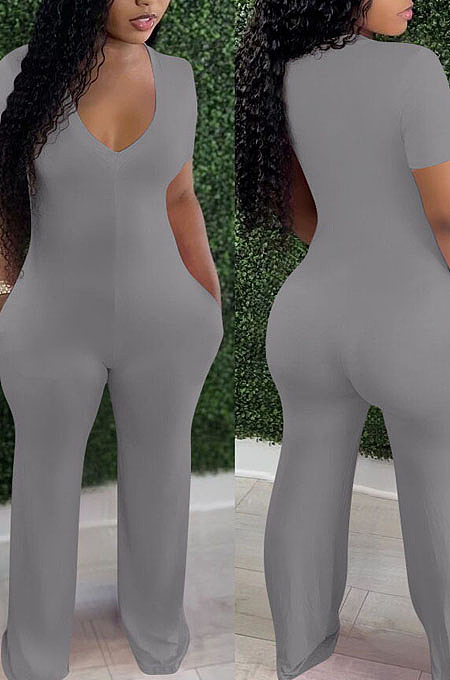 Grey Deep V Neck Loose Short Sleeve Pure Color Wide Leg Jumpsuits F88372-5