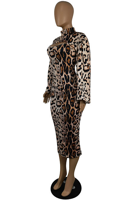 Leopard Print Autumn Long Sleeve Slim Fitting Bodycon Dress E8607