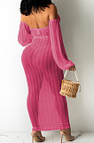 Blue Sexy Mesh Pure Color Mid Waist Long Sleeve Halter Neck Long Dress YF9107-4