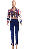 Royal Blue Summer Print Lapel Neck Short Sleeve Shirt Slit Long Pants Two Piece YMT6217-3