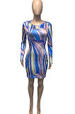 Black Euramerican Women Autumn Wave Printing Tight Sexy Long Sleeve Mini Dress Q927-2