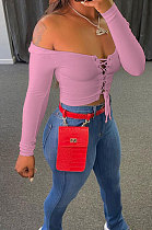 Pink Autumn Winter Women  Screw Thread Pure Color Long Sleeve T Shirts AD0702-2