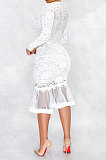 Black Euramerican Women Sexy Small V Neck Long Sleeve Lace Fishtail Skirt's Hemline Perspective Mini Dress Q920-2