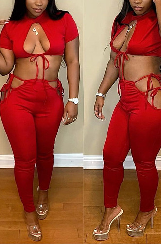 Black Night Club Round Neck Hollow Out Short Sleeve Dew Waist Long Pants Two Piece L0354-1