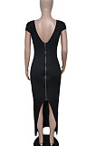Black Women Sexy Pure Color V Neck Back Zipper Split Long Dress XT8897-3