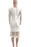Black Euramerican Women Sexy Small V Neck Long Sleeve Lace Fishtail Skirt's Hemline Perspective Mini Dress Q920-2