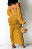 Black Sexy Mesh Pure Color Mid Waist Long Sleeve Halter Neck Long Dress YF9107-1