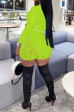 Neon Green Women Sexy Lace Casual Shorts Mesh Top Two-Pieces Q908-3