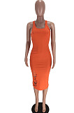 Orange Red U Collar Sleeveless Bakcless Bandage Hollow Out Tank Dress LMM8263