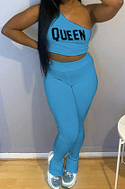 Sky Blue Fashion Women Pure Color Oblique Shoulder Pants Sets DLY8010-3