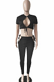 Red Night Club Round Neck Hollow Out Short Sleeve Dew Waist Long Pants Two Piece L0354-2