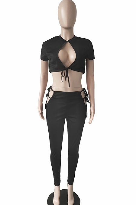 Red Night Club Round Neck Hollow Out Short Sleeve Dew Waist Long Pants Two Piece L0354-2