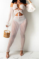White Sexy Mesh Pure Color Mid Waist Long Sleeve Halter Neck Long Dress YF9107-2