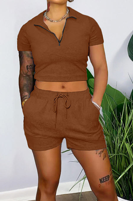 Black Pure Color Turn-Down Collar Zipper Short Sleeve Crop Top Shorts Two Piece YX9285-2