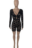 Black Club Sexy Hollow Out Lace Long Sleeve Deep V Neck Mid Waist Romper Shorts Q915-1