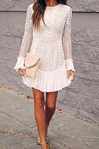 White Autumn Winter Lace Sexy Ruffle Sleeve Trendy Mini Dress Q5030