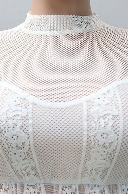 White Pure Color Lace Mesh Spaghetti High Waist Long Sleeve Midi Dress YF9127-1