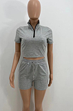 Light Coffee Pure Color Turn-Down Collar Zipper Short Sleeve Crop Top Shorts Two Piece YX9285-6
